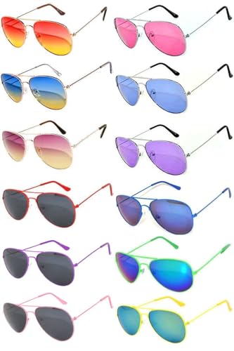 OWL 12 Pack Aviator Sunglasses, Metal Gold, Silver, Black Frame, Colored Mirror Lens, UV400 Protection, Unisex Adults, Classic Aviator Style