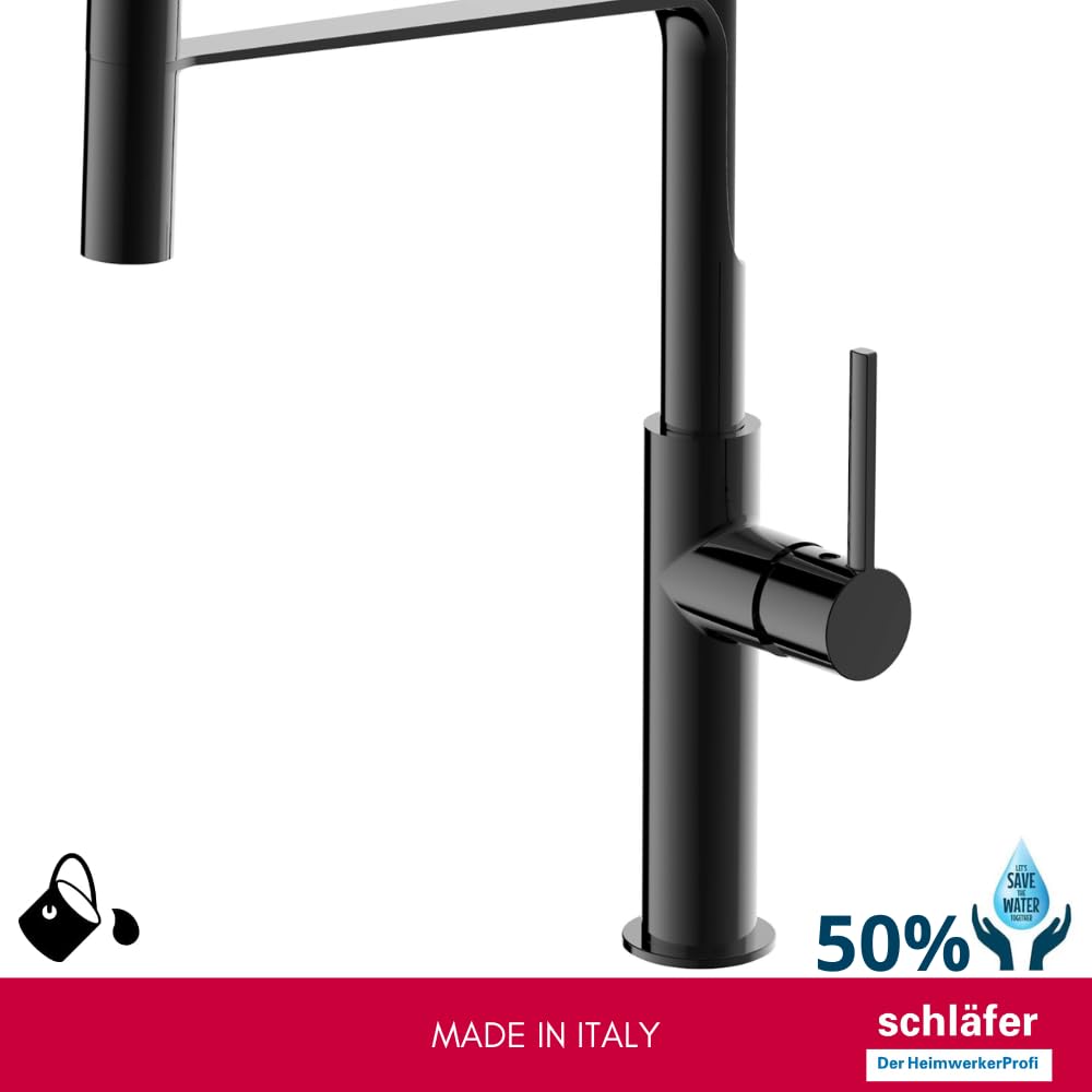 Schläfer 35406520 | Mezclador fregadero cocina negro brillante, boca giratoria 360°, grifo cocina profesional con alcachofa orientable, grifo fregadero con ducha serie Move de latón
