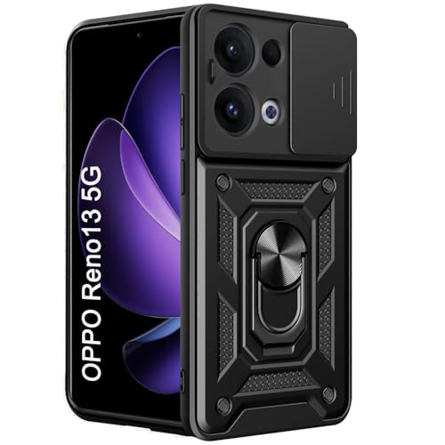 Image of TheGiftKart Tough Armor Bumper Back Cover Case for Oppo Reno 13 5G | Sliding Camera Cover, Kickstand & Ring Holder | 360 Degree Protection Back Cover Case for Oppo Reno13 5G (PC & TPU, Black)