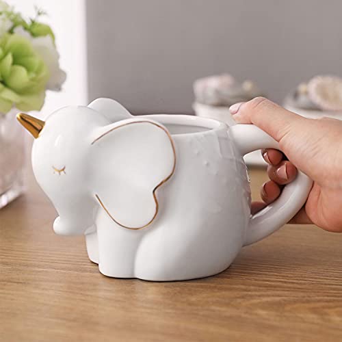 Product Image of the MyGift White Ceramic Unicorn Elephant Coffee Mug - Cute White Elephant Gift, 3D Animal Design Drinking Cup with Brass Tone Accents and Handle - 17.5 oz Mug