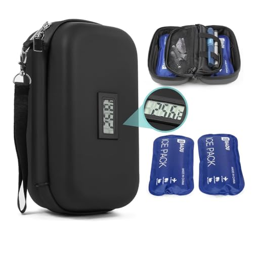 Image of suzamed Diabetic Medicine Organizer with Temperature Display, Large Insulin Storage Case with 2 Reusable Cooling Ice Packs for Travel & Daily Use (Black with Temperature)