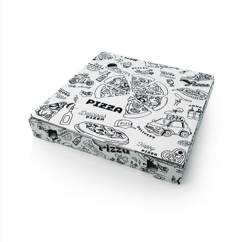 Generico 180 scatole per PIZZA scatole portapizza | VARIE MISURE | Contenitore Alimentare per pizze 100 Pezzi stampa Nera e Scritte in tema cibo. Totalmente riciclabili (33x33x3,5 cm)