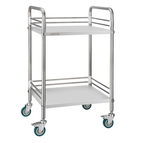 VEVOR Chariot de Service Utilitaire à 2 Niveaux, Desserte en INOX avec Roues Verrouillables, pour Soins Médicaux Hôpital Clinique Restaurant Cuisine et...