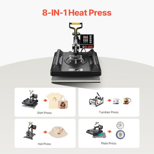 Image of VEVOR Heat Press Machine 8 in 1 Combo 15x15 Inch, 360 Swing Away Digital Tshirt Press Machine, Clamshell Sublimation Heat Press for Printing T-Shirt Hat Mug Plate Vinyl, Heat Transfer Projects