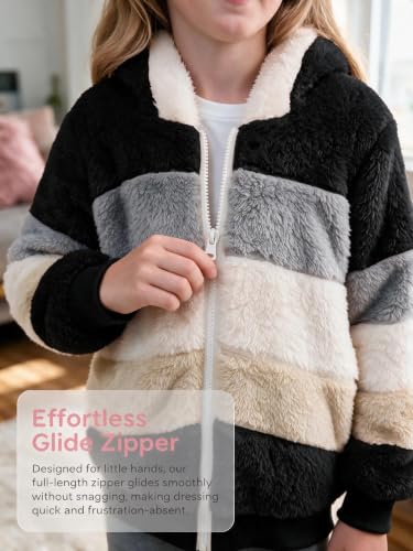 Image of Girls Fleece Jackets Kids Sherpa Fuzzy Zip up Hoodie Fall Winter Contrast color Pullover Sweatshirt 4-12 Years