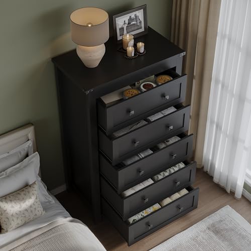 Image of BORNOON Tall 5-Drawer Dresser, Modern Wooden Storage Chest of Drawers, Dresser TV Stand, Wood Drawer Organizer with Metal Handles for Bedroom, Living Room, Hallway