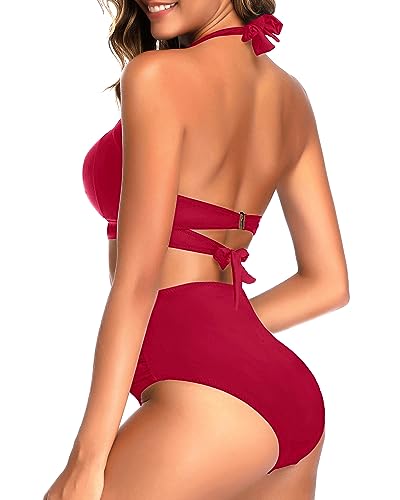 Image of Tempt Me Women Two Piece Swimsuit High Waisted Bikini Halter Vintage Retro Bathing Suit Push up Swimwear