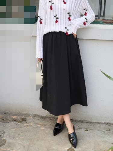 Women’s Loose A-Line Midi Skirt, High-Waisted Cotton Casual Long Skirt3