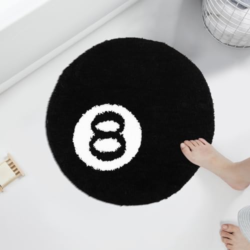 Sutowe 8 Ball Rug 60 cm Cirkel Tapijt Zwart Rond Tuften Zachte Stoel Pad Anti-slip Bad Vloermat, Kinderen Slaapkamer Zwart Tapijt Decor Tapijt Wasbaar Esthetische Biljartbal Tapijt Koele Tapijten voor