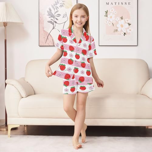 Simple Cute Strawberry Flower Pattern Summer Satin Pajama Set, Cute Button-Down Sleepwear Pj Set for Sleep Wears3
