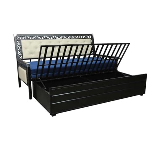Image of Rexo Metal Sofa Cum Bed with Hydraulic Storage | 3 Seater Convertible Sofa Bed for Living Room | Heavy Duty Metal FrameMatte Black Finish with Blue Cushion, King