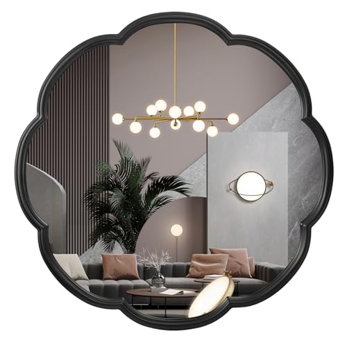 Image of Fobule 24" Black Mirrors for Wall, Flower Pattern Scalloped Decorative Accent Wall Mounted Mirror, Round Metal Frame Hanging Vanity Mirror Decor for Bathroom, Entryway, Bedroom