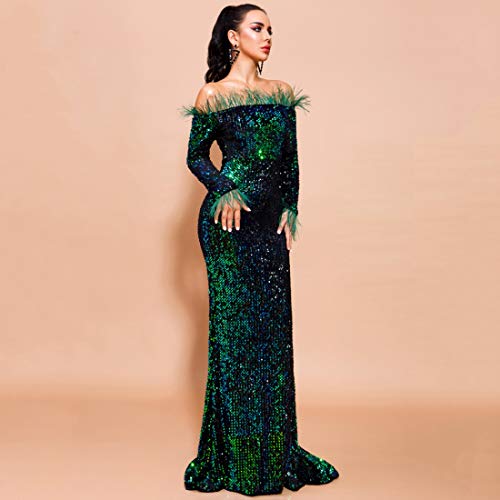 Women Off Shoulder Feather Long Sleeve Floor Length Evening Party Sequin Maxi Dress (X-Large, Green)