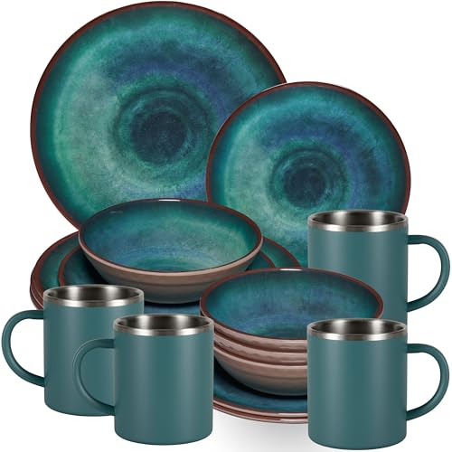 Jesolo Service de table en mélamine vert pour 4 personnes – 16 pièces avec tasses en acier inoxydable aspect faïence passe au lave-vaisselle Vaisselle de camping...