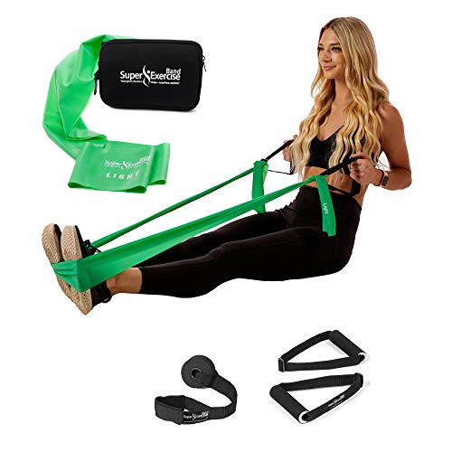 Super Exercise Band USA 7 ft. Flat Resistance Band with Handles and Large Door Anchor. Plus E-Book and Zipper Pouch. for Gym, Physical Therapy, Yoga, Pilates, Rehab, Chair, Desk, Workouts.