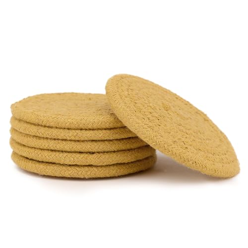 Image of Encasa XO Drink Coasters Set of 6 | Yellow with Round (9 cm) | Handcrafted Ribbed Cotton | Absorbent & Heat-Resistant | Use for Tea, Coffee Table & Desk