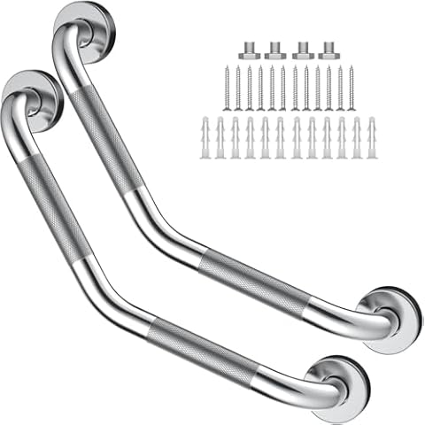 16 Inch Angled Grab Bar 2 Pack, ZUEXT Anti Slip Shower Grab Bar Handles,Chrome Stainless Steel Knurled Bathroom Balance Bar, Safety Hand Rail Support,Handicap Elderly Injury Senior Assist Bath Handle Cover