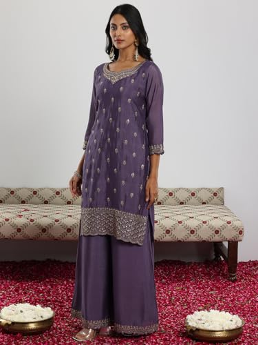Image of Libas Embroidered Silk Blend A-Line Kurta with Palazzo and Dupatta