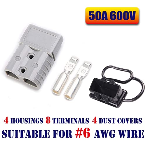 Mr.Brighton LED 50Amp Anderson Compatible 2 Pole Power Connector Plug Grey w/Terminals for #6 AWG Wire[4 housing+8 Terminal pins+4 dust Covers]
