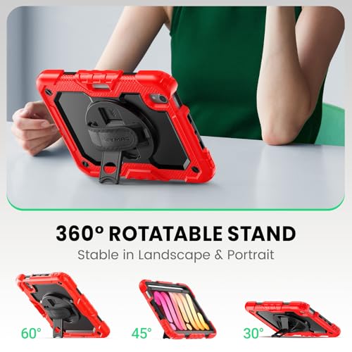 SEYMAC Kids Case for iPad mini 7 (A17 Pro) 2024/ Mini 6 8.3″, Full-Body Shockproof Protective Case with Screen Protector, Rotating Stand, Hand/Shoulder Strap for iPad mini 7th/ 6th Generation, Red