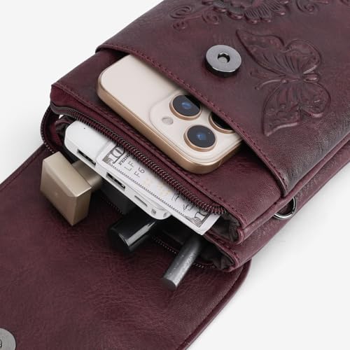 Image of Small Crossbody Bags for Women Trendy Vegan Leather Cell Phone Bag Embossed Flower Design Wallet Purses with Strap