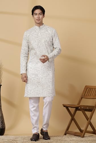 Image of Majestic Man Men's Cotton Regular Fit Casual Mandarin Collar Ethnic Motifs Printed Long Regular Kurta