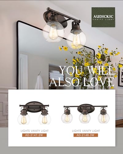 Image of Farmhouse Vintage Bathroom Vanity Light, Wall Mount Lighting Sconce Over Mirror, Oil Rubbed Bronze Finish and Clear Glass, AD-2147-2W