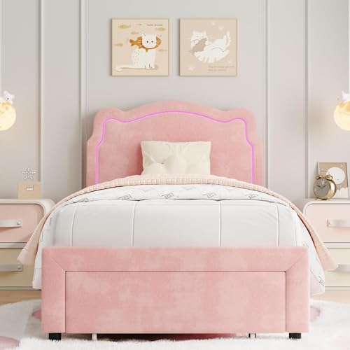 Image of GarveeHome Twin Upholstered Smart LED Bed Frame with Headboard, Velvet Princess Platform Bed Frame for Kids, Wooden Slats Support, No Box Spring Needed (Pink)