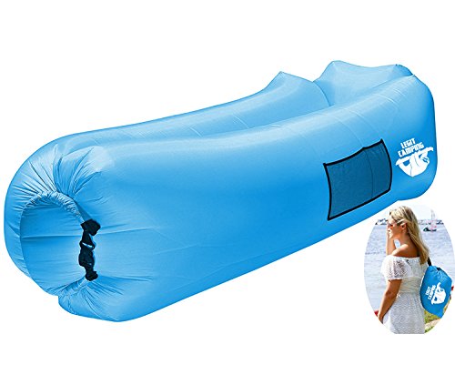 Legit Camping Inflatable Lounger with Carrying Bag & Pockets for Indoors/Outdoors – Blow up Couch & Inflatable Sofa with Headrest & Securing Stake- for Camping Beach or Pool (Light Blue)