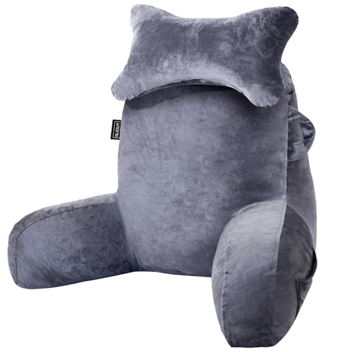 Lesekissen zum Sitzen im Bett Couch Erwachsene, Rückenkissen mit Taschen, Rückenkissen für Erwachsene Bettstuhl für Bettruhe, Lesen, Fernsehen, Gaming Dunkelgrau