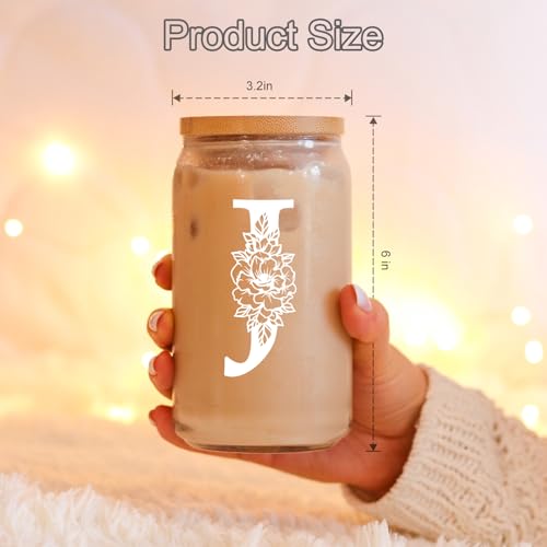 Image of Coolife Initial Glass Cup, Monogrammed Gifts for Women, 16 oz Tumbler w /Lid | Iced Coffee Smoothie Beer Tumbler w /Straw Lid - Personalized Christmas, Birthday Gifts for Woman Her Mom Friend