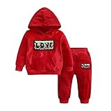 Chloefairy Baby Bekleidung Hosen Set Unisex Winter Trainingsanzug Samt Kapuzenpullover Paillette + Hose Kinder Mädchen Junge Sportanzug Outfit Hoodie Bekleidungssets Babybekleidung Set (Rot, 90)