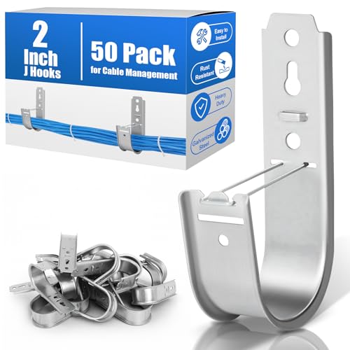 Podoy 2 Inch Cable Support J Hooks with Retainer Clips (50 Pack) Galvanized Steel J Hook for Cable Management Wall Mount Cable Hangers for Walls/Ceilings Route Network Hanging Cables