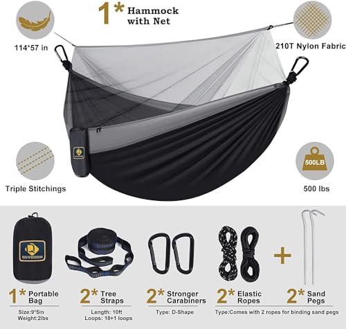 Image of Camping Hammock with Net,Portable Lightweight Double Hammocks with Tree Straps and Solid D-Shape Carabiners,Parachute Nylon Hammock for Backpacking Beach Backyard Patio Hiking Black&Grey