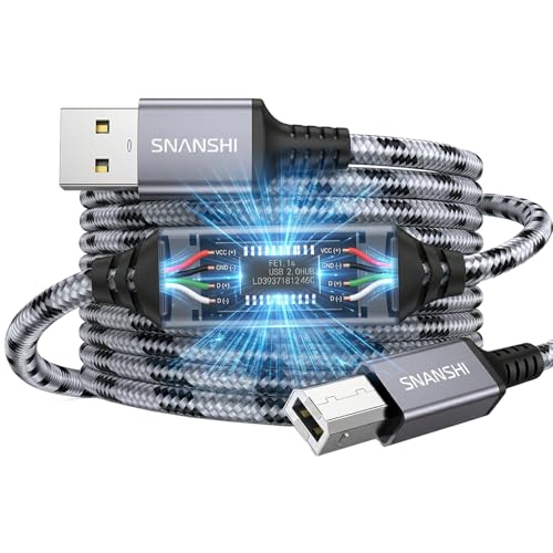 SNANSHI Active Printer Cable 50ft, Nylon Braided Heavy Duty USB 2.0 Type A to B Printer Cord with Signal Booster, Plug & Play Stable Connection for HP, Canon, Epson, Brother, Scanner & DAC