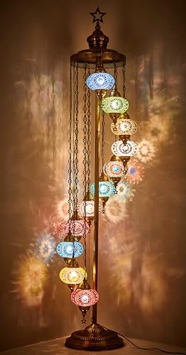 DEMMEX Lampada da Terra Mosaico Turco Marocchino a 11 Sfere, Alta 210 cm, Stile Tiffany Boho Decorativa con Sfere Colorate, Fatta a Mano in Turchia