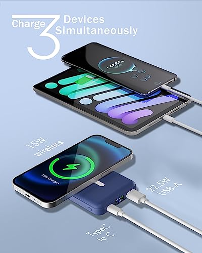 Podoru Wireless Portable Charger, Foldable 10000Mah Magnetic Power Bank With Usbc Cable Led Display 22.5W Pd Fast Charging Lighting Mag-Safe Battery Pack For Iphone 14/13/12/Mini/Pro/Pro Max-Navy Blue #TOP5