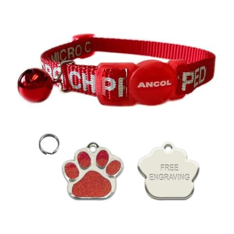 Ancol I Am Microchipped Cat Collar with Safety Buckle, Red, and FREE Engraved Paw Print Shaped Pet Tag Cover