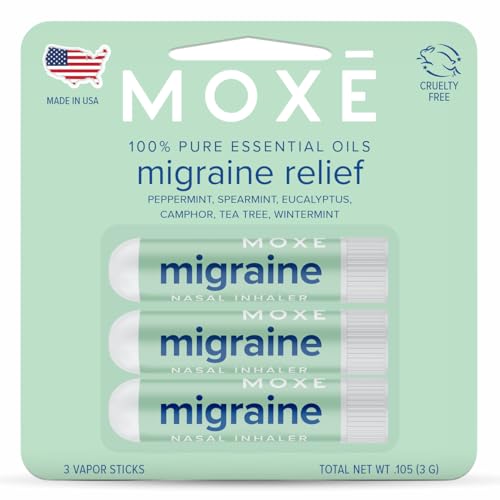 MOXE Migraine Relief Nasal Inhalers, Essential Oils for Headaches & Tension Relief, Portable Aromatherapy, Easy-to-Use, Pure & Undiluted, Peppermint, Spearmint, Eucalyptus, Tea Tree, USA Made, 3 Pack
