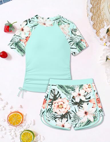 Image of AGAPENG Girls Swimsuit Two Piece Short Sleeve Rash Guard Floral Print Ruched Girls Bathing Suit UPF 50+ Swimwear for 9-16Y