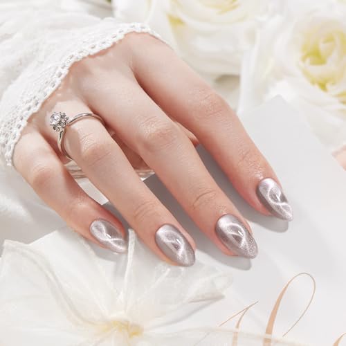 VSALON Press On Nails Short Almond- Cat Eye Silver Shimmer Nails ...
