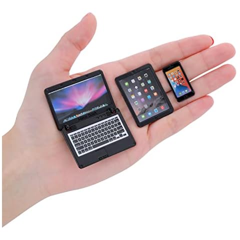 cobee 3Pcs Miniature Dollhouse Décor, 1:12 Metal Simulation Laptop Tablet Smart Phone, Mini- Dollhouse Miniatures Furniture Accessories, Doll House Miniatures Play Set (Black 3Pcs) Cover