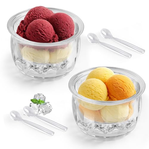 BETSO 2 Packs Ice Chilled Serving Bowl,Dips on Ice Acrylic Dip Bowl,Dip Chiller Bowl with 4 Spoons Party Platters for Food,Fruit,Salsa, Clear (2 PCS)