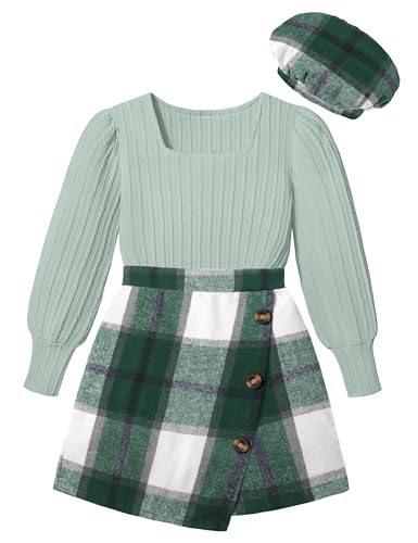 Image of AGAPENG Girl Skirt Sets 3 Piece Outfits Square Neck Jacquard Puff Sleeve Tops Plaid Mini Skirt Shorts Fall Winter Clothes