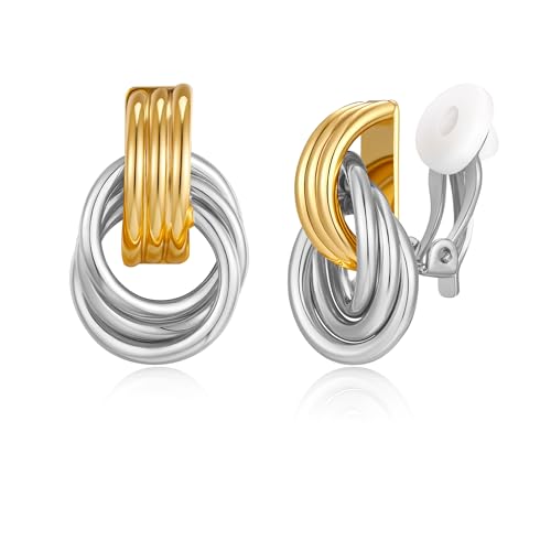 Two Tone Clip On Earrings for Women Statement Gold Silver Small Twisted Knot Clip On Earrings