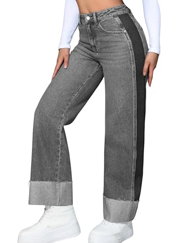 Women's High Waisted Wide Leg Jeans Patchwork Raw Hem Straight Leg Cuffed Denim Pants Summer 2025 Trendy2