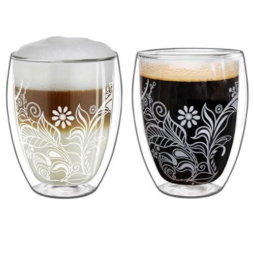 Creano Vasos de doble pared 250 ml Flowery White – Cristal térmico con decoración – Juego de 2 vasos de doble pared