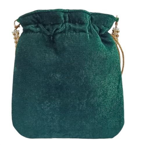 Image of Velvet Potli Bag with Golden & Silver Beaded Flower Embroidery - Handcrafted Ethnic Drawstring Bag for Weddings, Parties & Festive Gifts - Beaded Handle & Tassels for Women