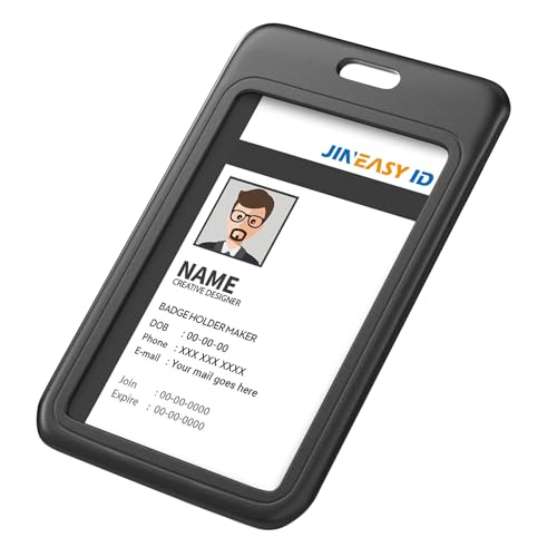 JINEASY ID 2 Pack Hard Plastic ID Badge Holder Vertical Card Holder for Work Key Cards, Heavy Duty, Black - Image 3
