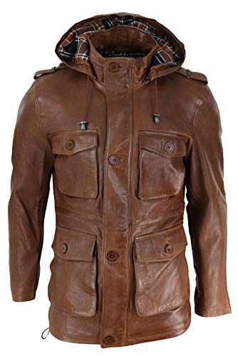 Mens 3/4 Long Real Leather Duffle Jacket Coat Safari Detachable Hood Military